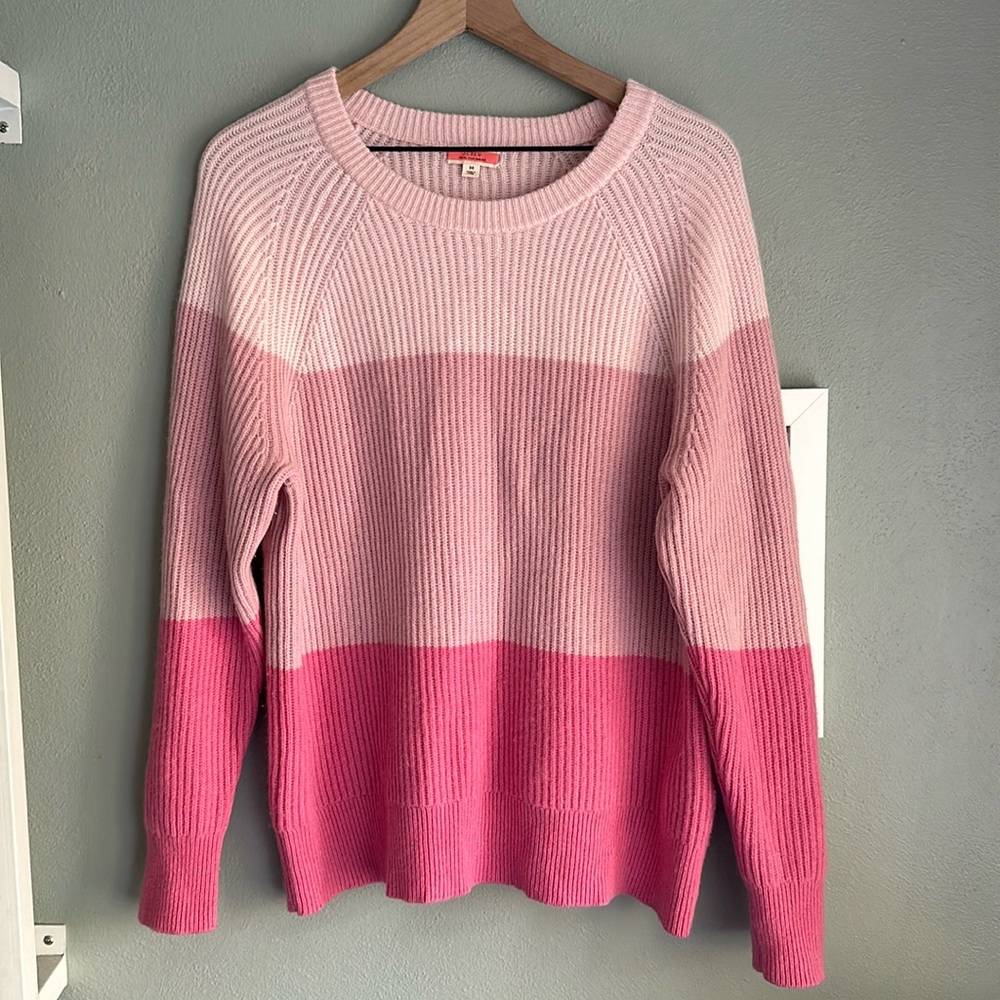 J. Crew Ribbed-cashmere relaxed crewneck sweater in pink colorblock, medium
